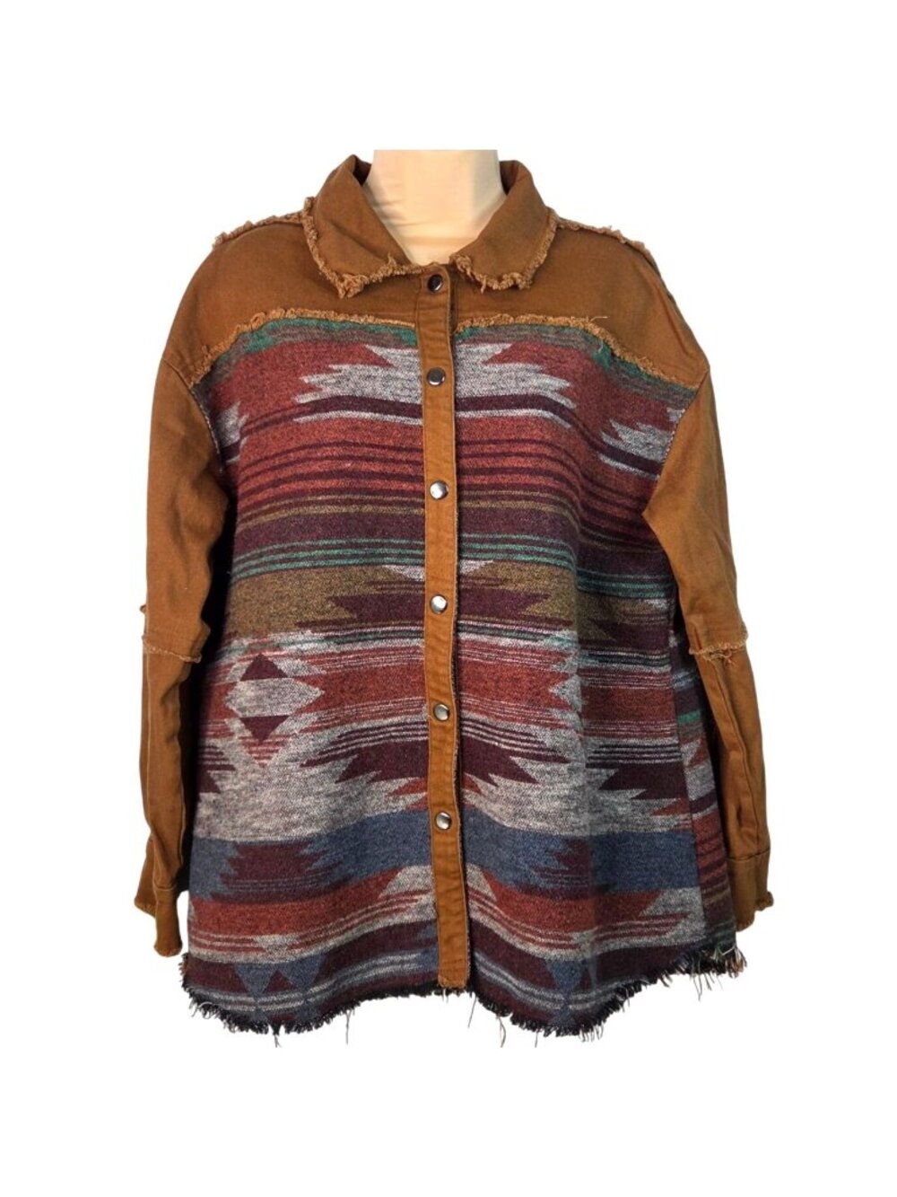 Brown Aztec Frayed Hem Button-Up Jacket Medium By Blue B Collection